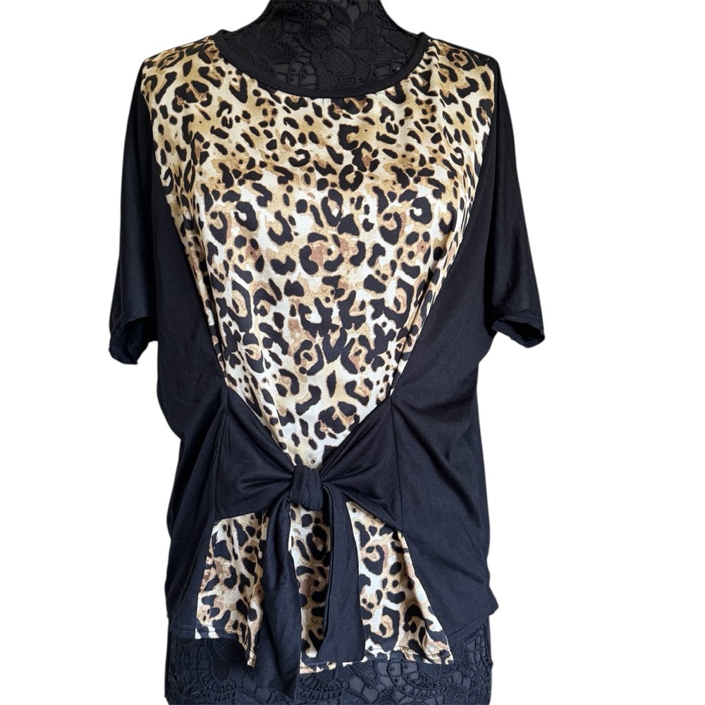 Goddess Black and Leopard Animal Print Short Sleeve Tie-Front Top